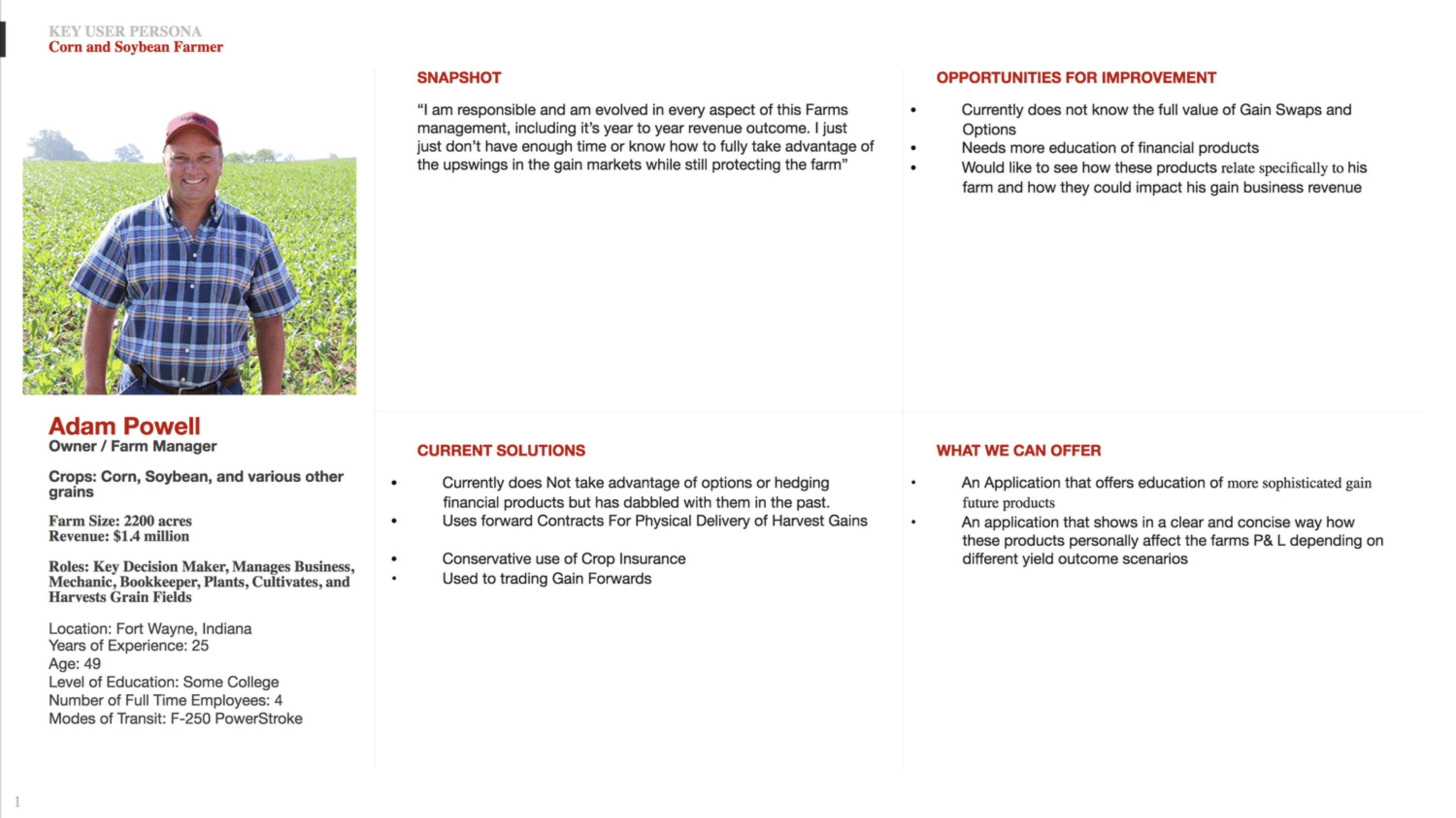 Key user persona: Adam Powell, corn and soybean farmer